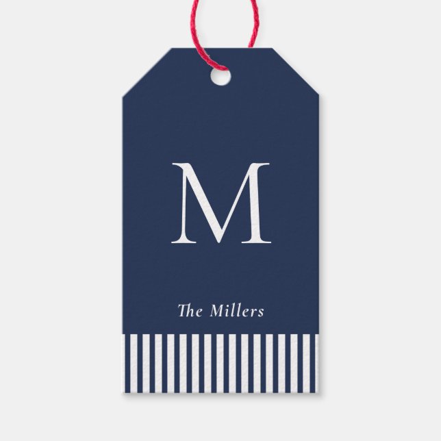 Étiquettes Cadeaux Marin Monogramme Bleu Marine &  (Devant)