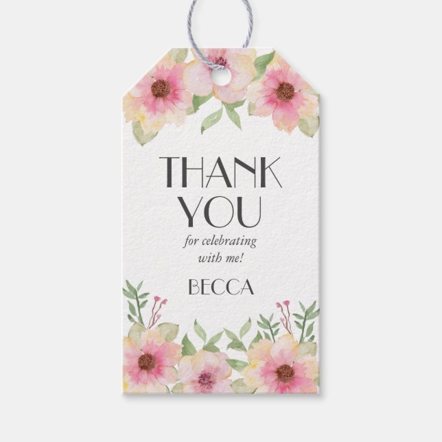 Étiquettes cadeaux Merci en fleurs roses d'aquarel (Devant)