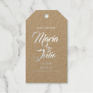 Étiquettes Cadeaux Script moderne Enregistrer notre date Double Coeur