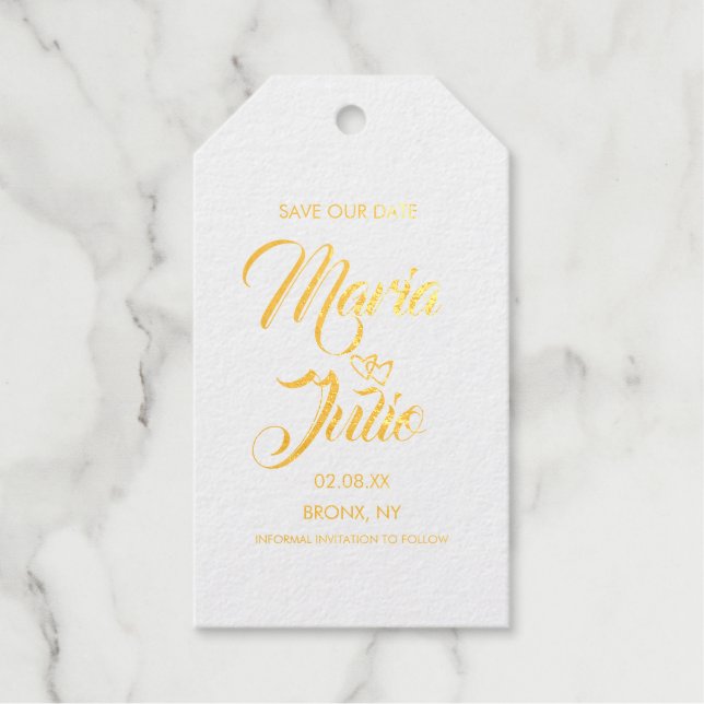 Étiquettes Cadeaux Script moderne Sauvegardez notre date Double Coeur (Recto)