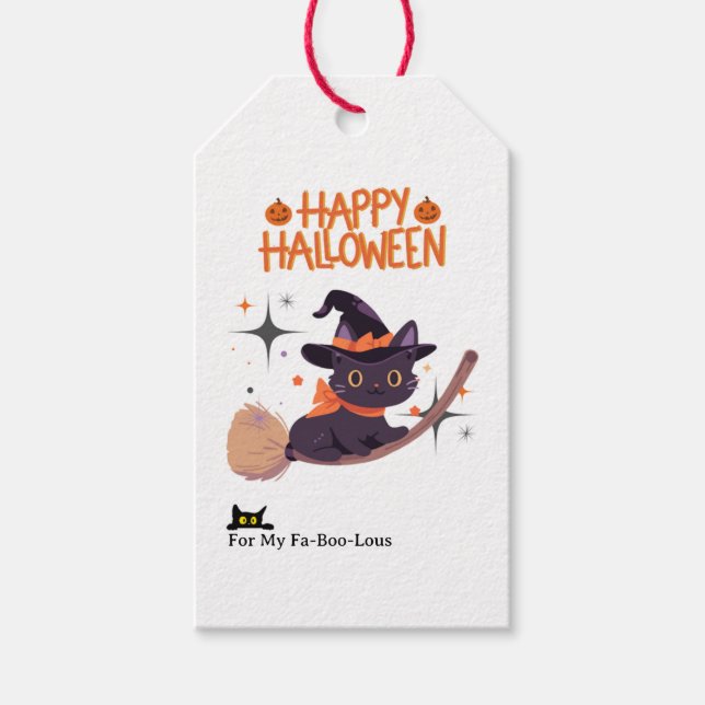 Étiquettes Cadeaux Sorcière Chat Mignon Épouvantai (Devant)
