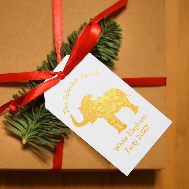 Étiquettes Cadeaux White Elephant Christmas Party Custom Cadeau Gold (Créateur téléchargé)