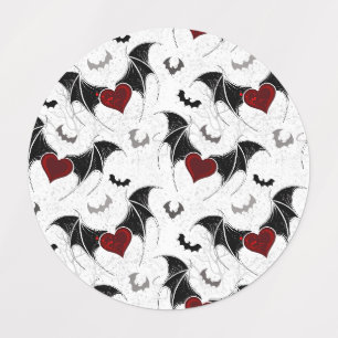 Étiquettes Coeur d'Halloween avec ailes de chauve-souris noir