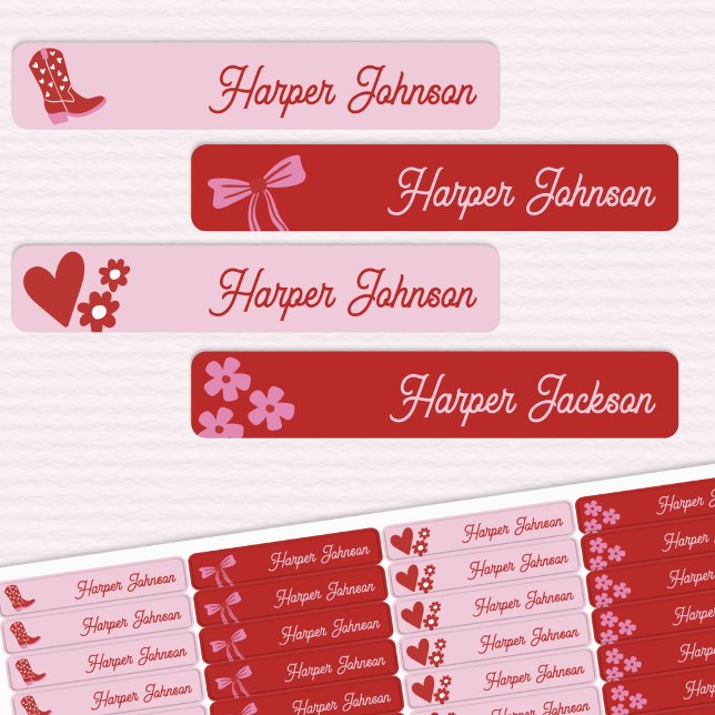 Étiquettes Cowgirl Boots & Hearts Kids Waterproof Name Labels (Personalized Coquette Cowgirl kids name labels in pink and red)