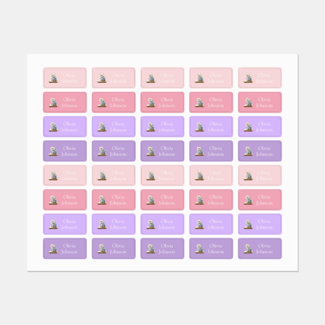 Étiquettes Cute Kitten with Backpack Pink and Lilac Clothes (Feuille)