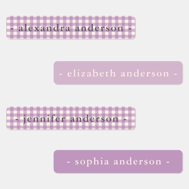 Étiquettes Cute Soft Purple Gingham Kids Waterproof Name (Groupe)