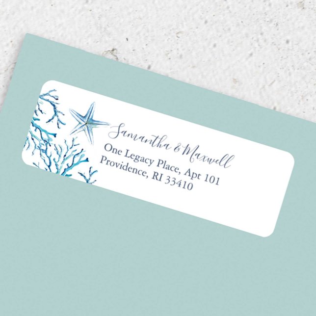 Étiquettes d'adresse Aquarelle Côtière Sous la Mer (Return address sticker features watercolor starfish and sea coral art by Victoria Grigaliunas)