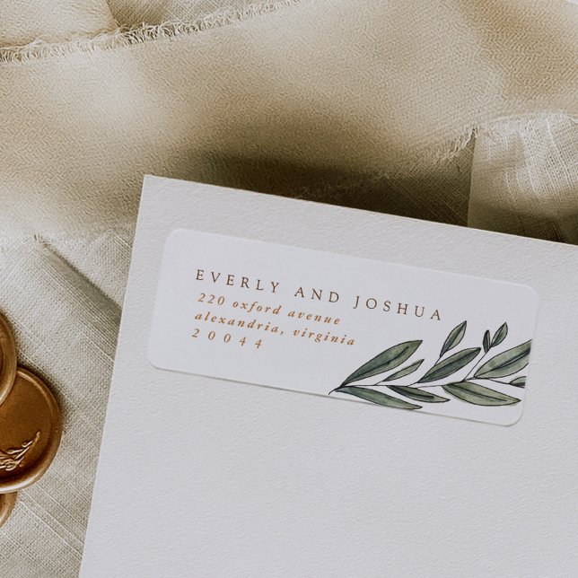 Étiquettes d'adresse de retour À feuillage persist (Romantic evergreen watercolor botanicals wedding return address label.)