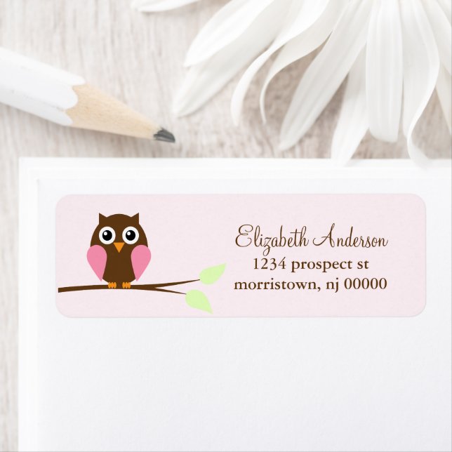Étiquettes d'adresse de retour de Chouette rose (En situation)
