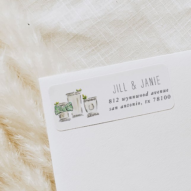 Étiquettes d'adresse de retour de la feuille de mo (Watercolor mint julep Derby Day return address labels.)