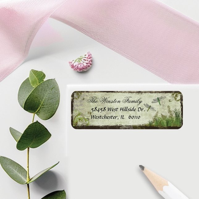 Étiquettes d'adresse de retour de libellules (Dragonfly Vintage Green Return Address Labels)