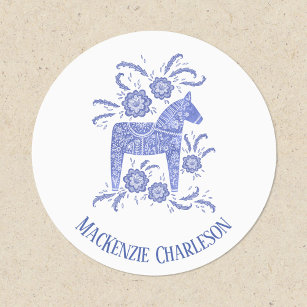 Étiquettes Dala suédois Cheval bleu et blanc Nom personnalisé