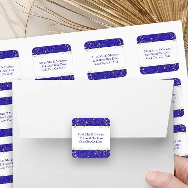Étiquettes de adresse Carrés Royal Blue et Gold Fl (Address Labels from my Elegant Gold Flowers Quinceanera Collection)