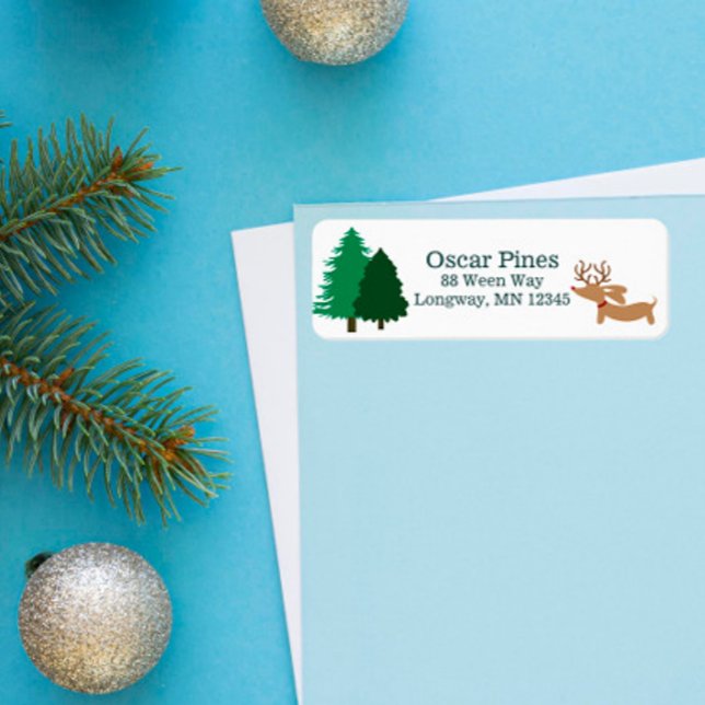 Étiquettes de adresse de cartes de Noël sur le thè (Personalized rustic Christmas return address label with a dachshund masquerading as a reindeer)