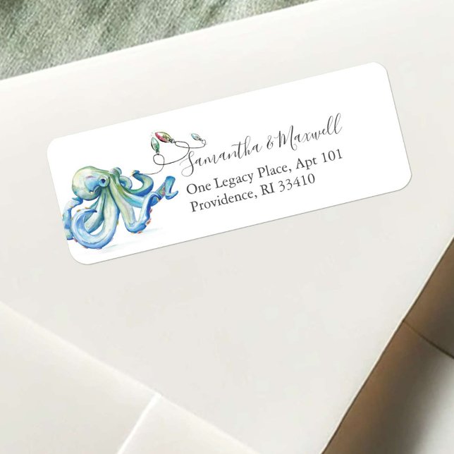 Étiquettes de adresse de la pieuvre de Noël côtièr (Octopus return address labels beach watercolor art by Victoria Grigaliunas of Do Tell A Belle)