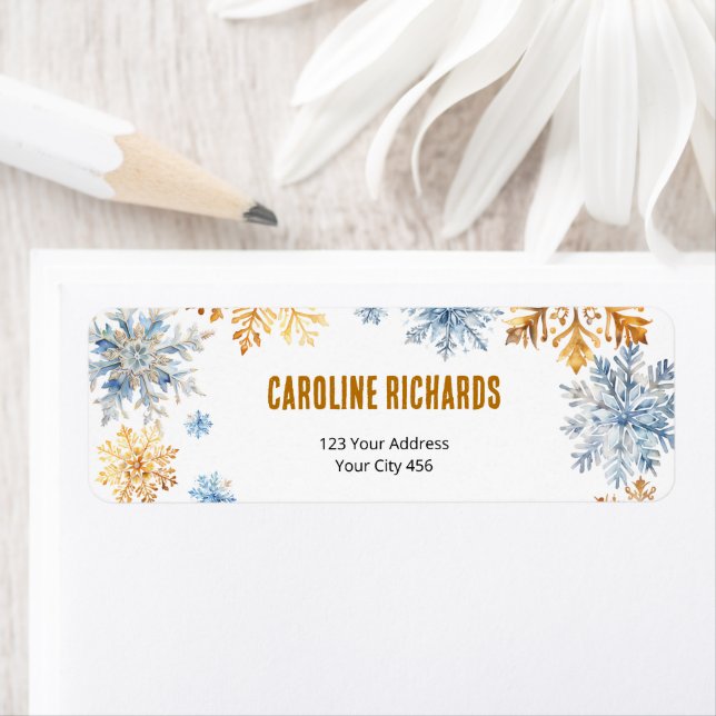 Étiquettes de adresse Golden Snowflakes (En situation)