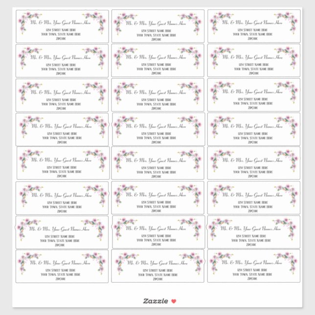 Étiquettes de adresse Mariages floraux roses (Feuille)