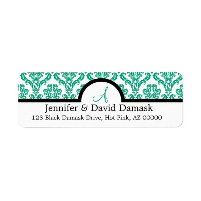 Étiquettes de adresse turquoises Mariage damassé M (Devant)