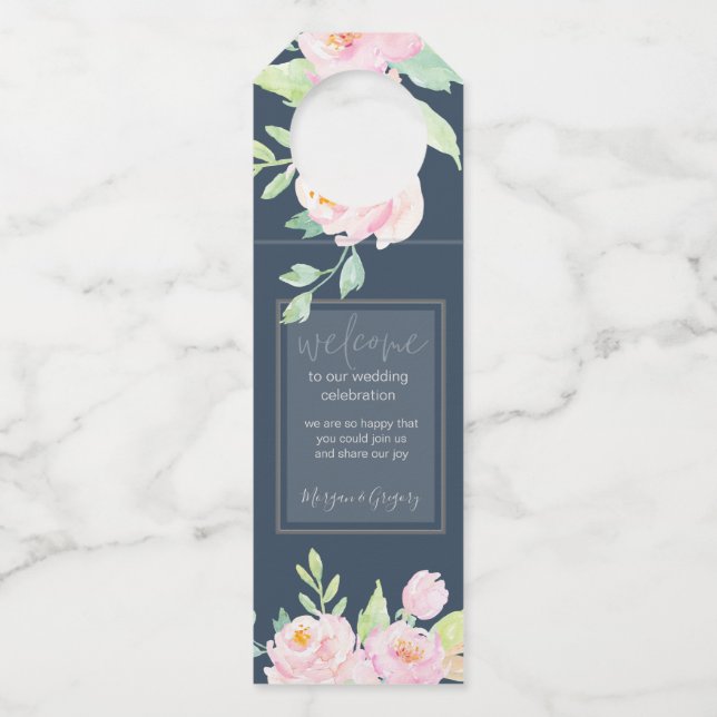 Étiquettes de bouteille de pivoines bleu poussiére (Devant)