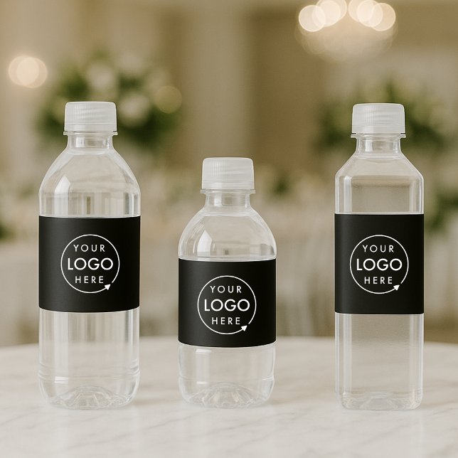 Étiquettes de bouteille d'eau | Habillages de logo (Sleek black company branded water bottle label wraps for small business events & promotional swag.)