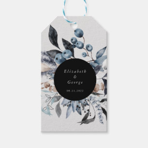 étiquettes de cadeau à monogramme floral bleu givr