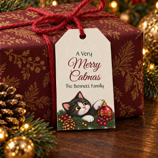 Étiquettes de cadeau de Noël pour chat smoking vin