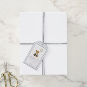Étiquettes de cadeau Ourson à carreaux bleu clair