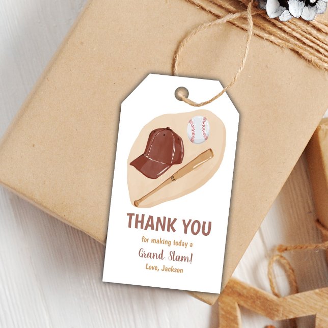 Étiquettes de cadeaux de fête de sport modifiables (Brown Baseball Birthday Gift Tags)