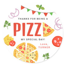 Étiquettes de cadeaux de fête pizza rondes