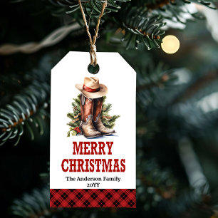 Étiquettes de cadeaux de Noël occidentaux bottes d