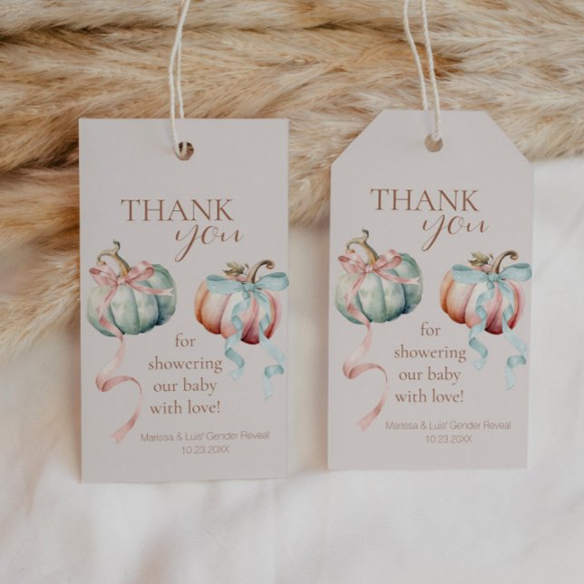 Étiquettes de cadeaux et remerciements Pastel Pump (Pumpkins and Bows Gender Reveal Thank You Gift Tag)