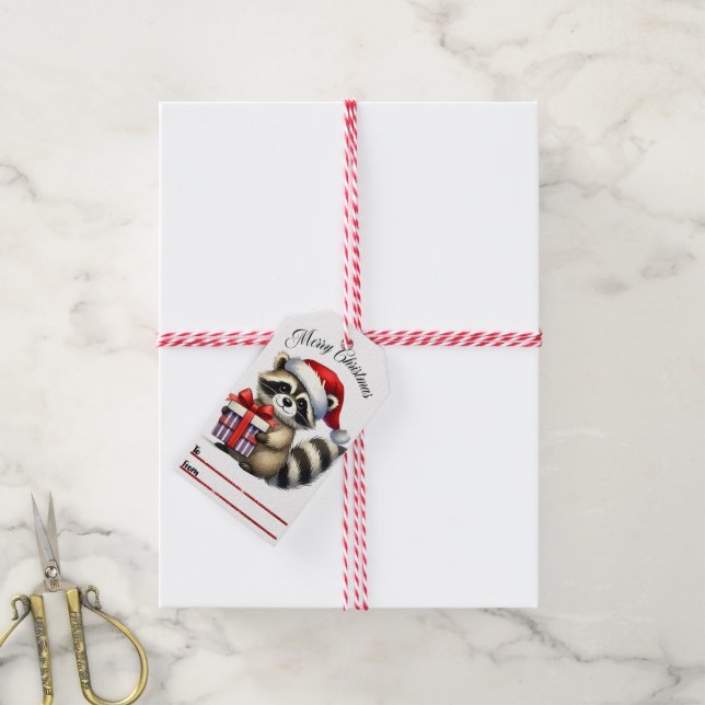 Étiquettes de fête avec raton laveur à Santa hat (Avec de la ficelle)