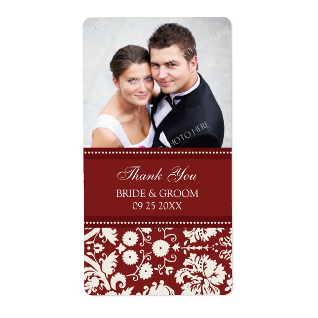 Étiquettes de mariage de photos rouges Damas (Devant)