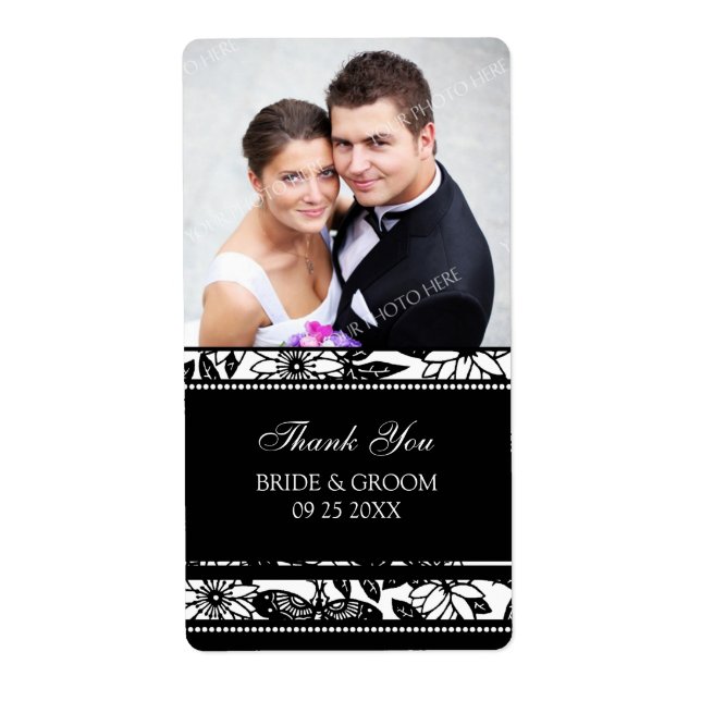 Étiquettes de mariage floral noir et blanc (Devant)