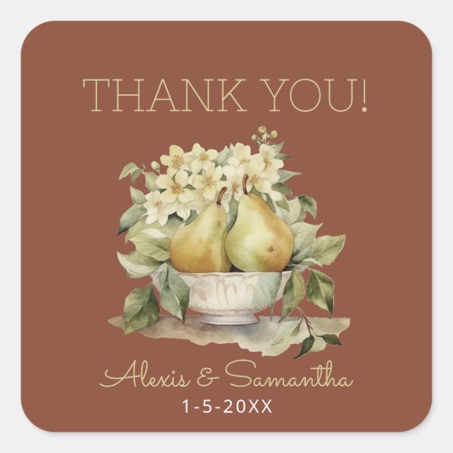 Étiquettes de mariage marron et vert "Pear-fect" (Devant)