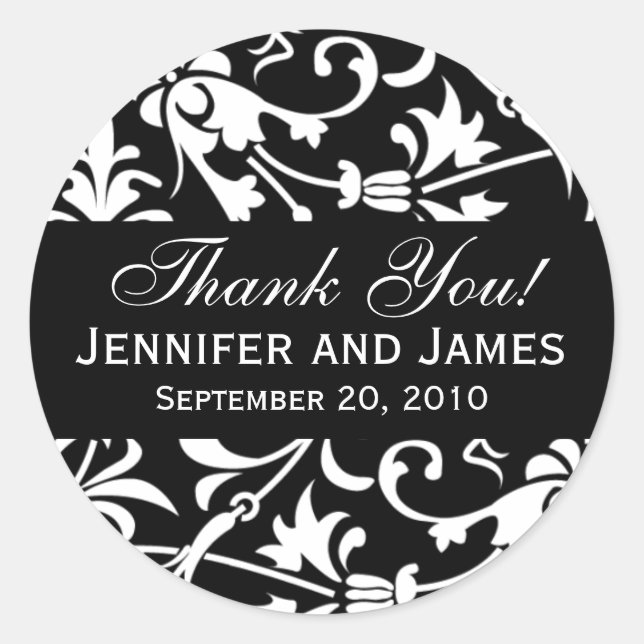 Étiquettes de Merci de Mariage damassé Floral Noir (Devant)