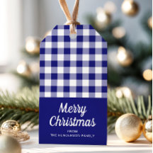 Étiquettes de Noël à motif à carreaux bleus et écr