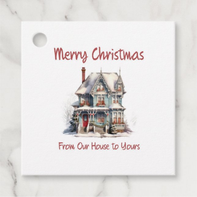 Étiquettes de Noël qui disent "De notre maison à v (Devant)