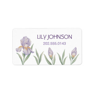 Étiquettes de nom de fleurs d'iris aquarelle pour