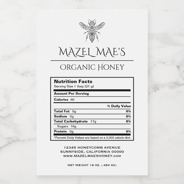 Étiquettes de nutrition du miel fait maison (Étiquettes simples)