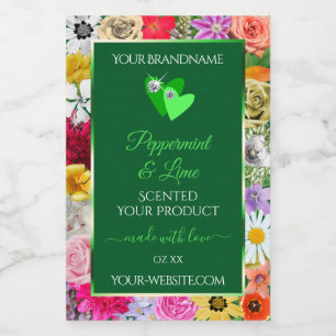 Étiquettes de produit vertes florales colorées cœu