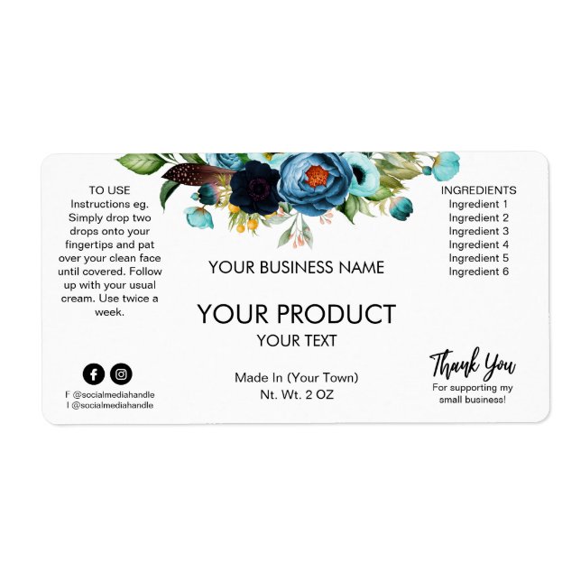 Étiquettes de produits Floral Blanc Bleu (Devant)