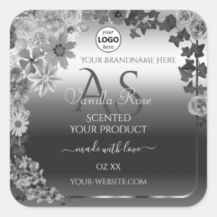 Étiquettes de produits floraux argentés avec logo