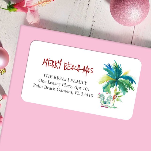 Étiquettes de retour de Noël tropicale (Christmas return address labels beach-mas watercolor art by Victoria Grigaliunas Do Tell A Belle)