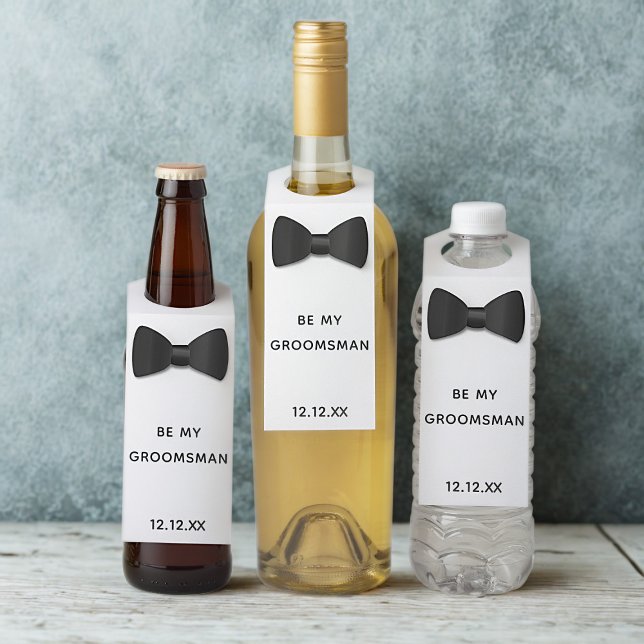 Étiquettes de suspension de bouteille pour demande (A fun bow tie bottle tag with space for your wedding date)