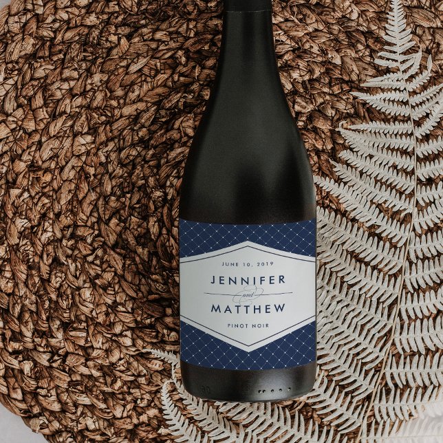 Étiquettes de vin de Mariage géométrique de marine (Créateur téléchargé)