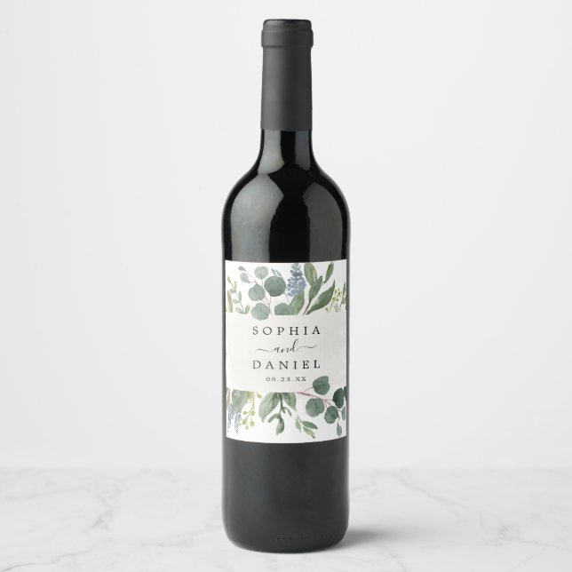 Étiquettes de vin Mariage Dusty Blue Eucalyptus (Devant)
