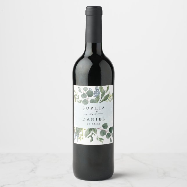 Étiquettes de vin Mariage Dusty Blue Eucalyptus (Devant)
