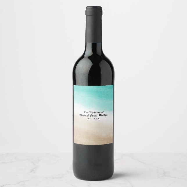 Étiquettes de vin personnalisées plage sarcelle et (Devant)