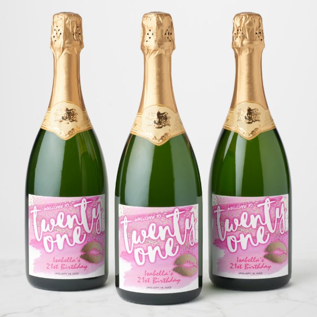 Étiquettes de vin rose et or 21e anniversaire (Bouteilles)